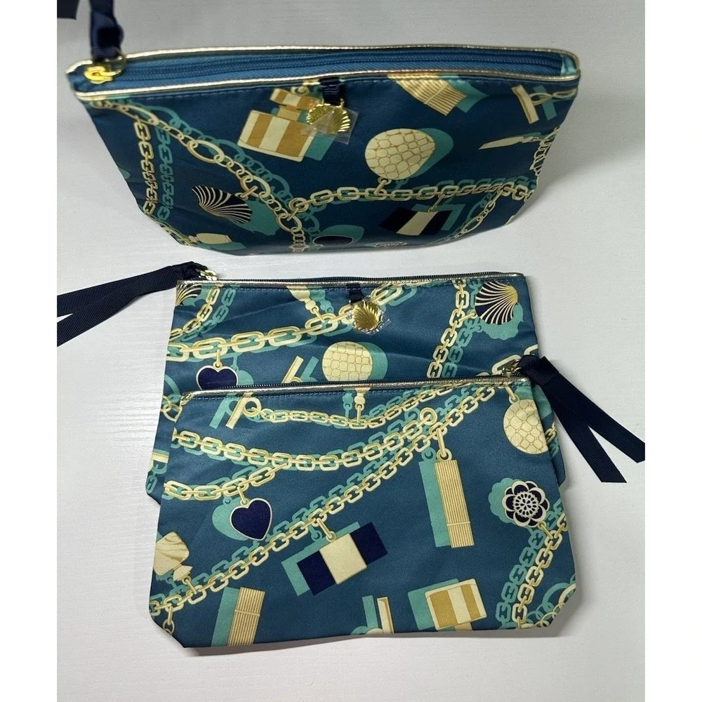 Estee Lauder Cosmetic Bags 3pc Teal Satin Nautical Chain Shell Print Gold Charm